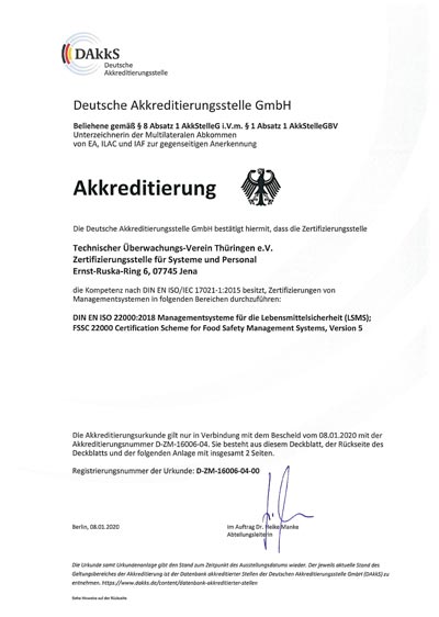 DAkkS (Deutsche Akkreditierungsstelle GmbH) акредитація органу із сертифікації TÜV Thüringen e.V. за FSSC 22000
