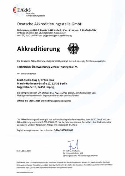 DAkkS (Deutsche Akkreditierungsstelle GmbH) акредитація органу сертифікації TÜV Thüringen e.V. за стандартом ISO 14001