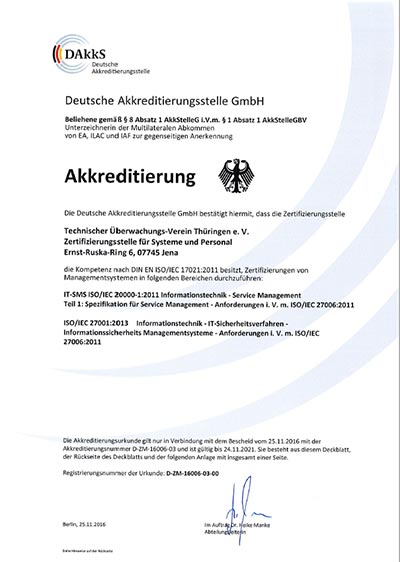 DAkkS (Deutsche Akkreditierungsstelle GmbH) акредитація органу із сертифікації TÜV Thüringen e.V. за стандартом ISO/IEC 20000-1