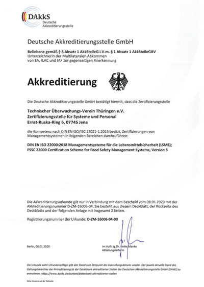 DAkkS (Deutsche Akkreditierungsstelle GmbH) акредитація органу сертифікації TÜV Thüringen e.V. за стандартом ISO 22000, FSSC 22000, HACCP