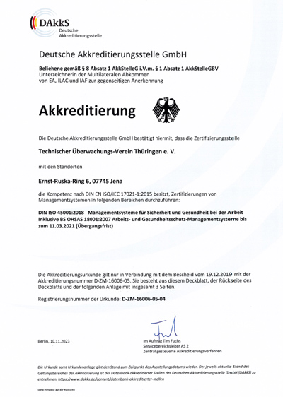 DAkkS (Deutsche Akkreditierungsstelle GmbH) акредитація органу сертифікації TÜV Thüringen e.V. за стандартом ISO 45001