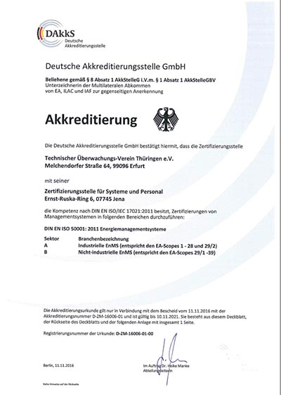 DAkkS (Deutsche Akkreditierungsstelle GmbH) акредитація органу сертифікації TÜV Thüringen e.V. за стандартом ISO 50001