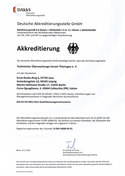 DAkkS (Deutsche Akkreditierungsstelle GmbH) акредитація органу сертифікації TÜV Thüringen e.V. за стандартом ISO 9001