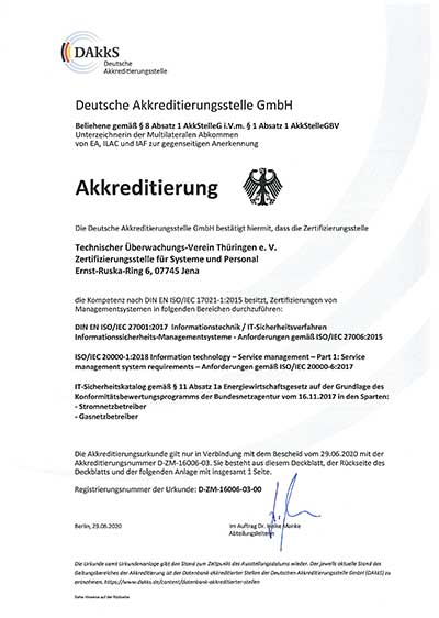 DAkkS (Deutsche Akkreditierungsstelle GmbH) акредитація органу сертифікації TÜV Thüringen e.V. за стандартом ISO/IEC 27001, ISO/IEC 20000-1