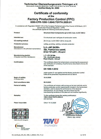 Зразок сертифіката EN 1090-1